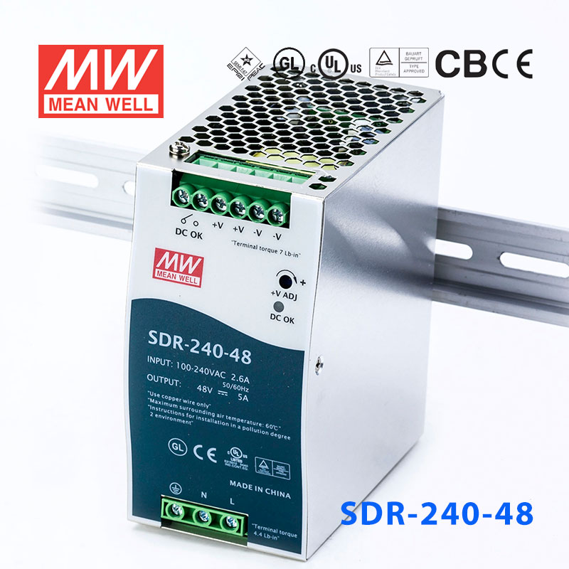SDR-240-48 SDR-240-48 240W 48V5A 高效率高功率因素单路输出DIN导轨安装明纬开关电源