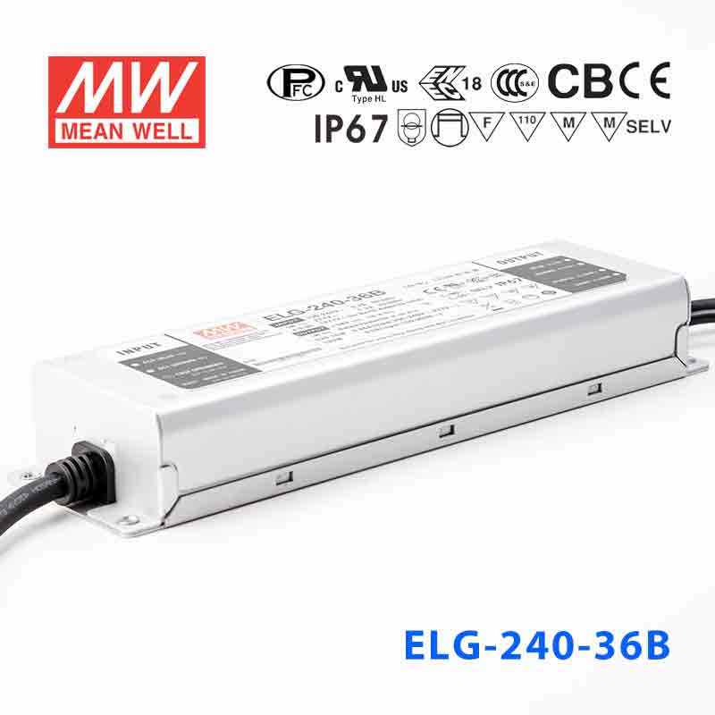 ELG-240-36DA ELG-240-36DA 240W 36V 6.66A DA型(Dali调光/铝壳IP67/100～305Vac输入)明纬PFC防水LED电源
