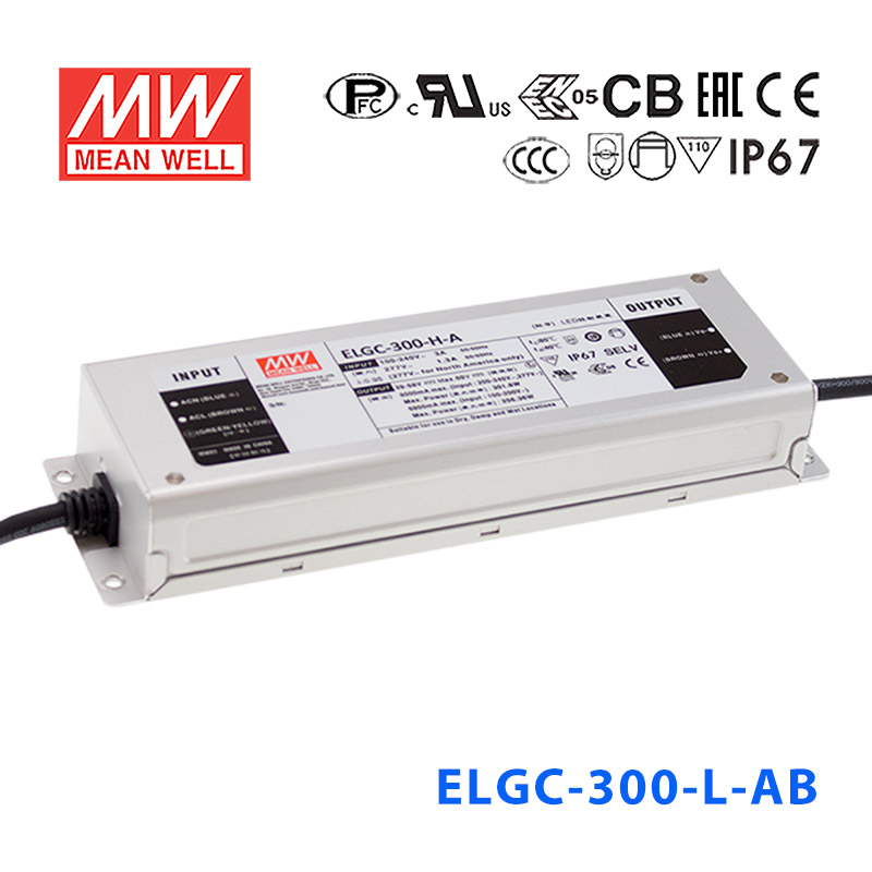 ELGC-300-L-AB ELGC-300-L-AB 300W 116~232V 1400mA AB型(恒功率可调/三合一调光/铝壳IP67/100～305Vac输入)明纬PFC防水高压恒功率LED电源