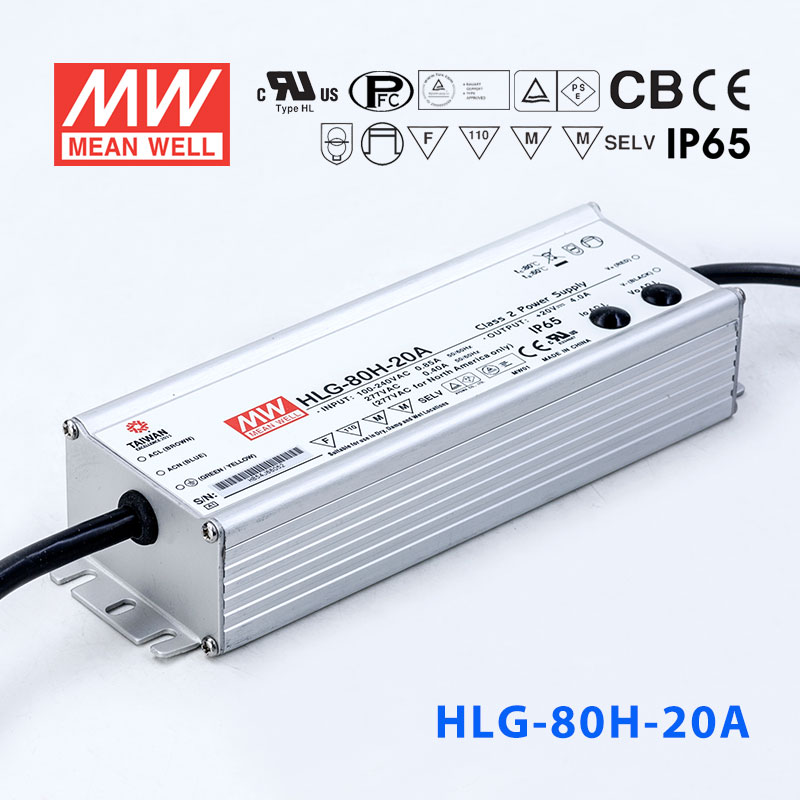 HLG-80H-20A HLG-80H-20A 80W 20V 4A 强耐环境恒压+恒流PFC高效铝壳IP65防水LED电源(恒压恒流值可面板设定)