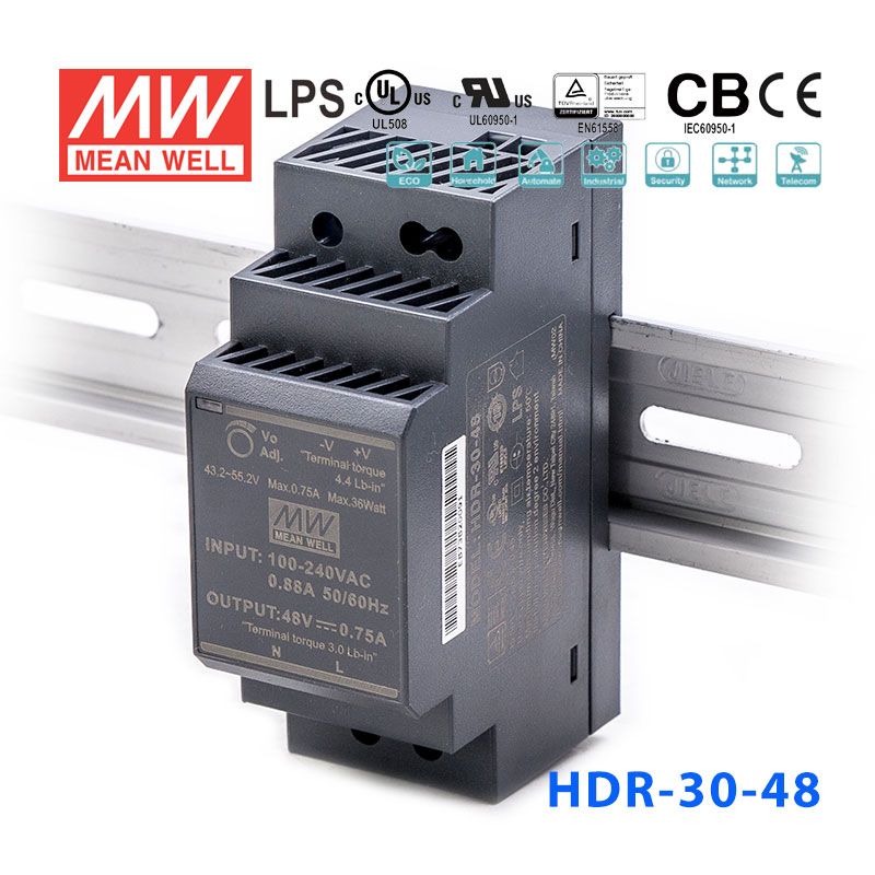 HDR-30-48 HDR-30-48 30W 48V 0.75A 单路输出明纬超薄型导轨安装电源