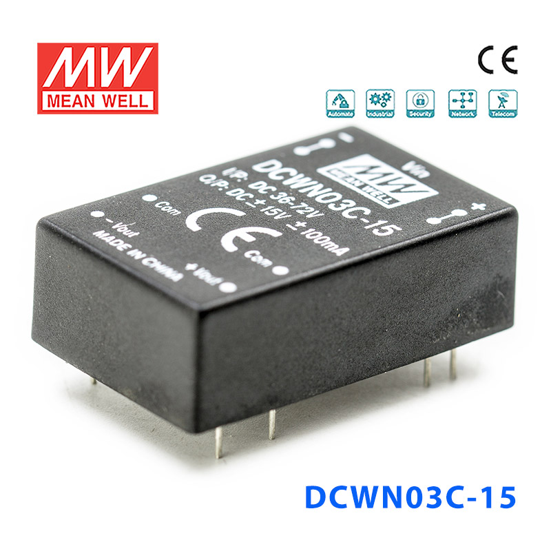 DCWN03C-15 Mean Well DCWN03C-15 DC-DC Converter - 3W 36~72V DC in 15V out 200mA