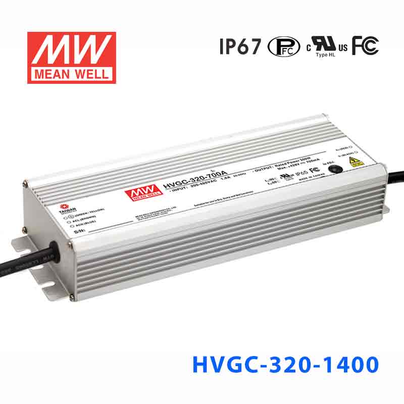 HVGC-320-1400B HVGC-320-1400B 320W 1400mA 234Vac 输入强耐环境PFC高效铝壳IP67防水LED恒流电源(控制线三合一调光)