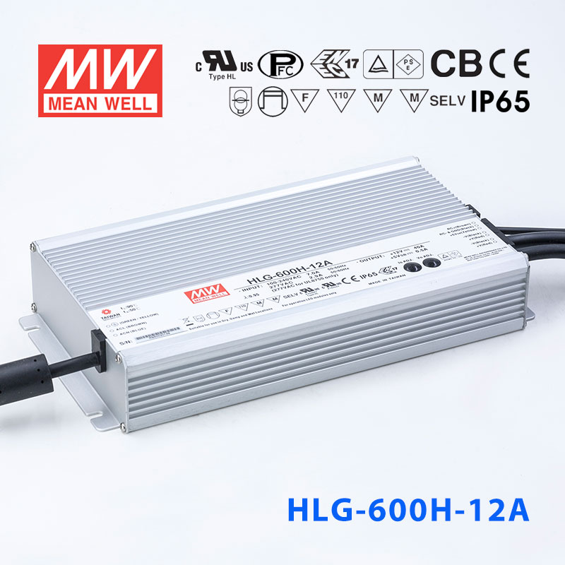 HLG-600H-12A HLG-600H-12A 480W 12V 40A 强耐环境恒压+恒流PFC高效铝壳IP65防水LED电源(恒流值通过内部电位器调整)