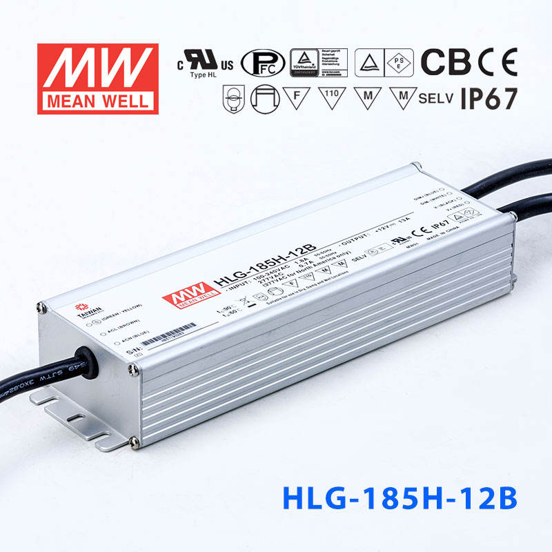 HLG-185H-12B HLG-185H-12B 185W 12V 13A 强耐环境恒压+恒流PFC高效铝壳IP67防水LED电源(控制线三合一调光)