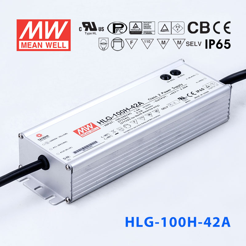 HLG-100H-42A HLG-100H-42A 100W 42V 2.28A 强耐环境恒压+恒流PFC高效铝壳IP65防水LED电源(恒压恒流值可面板设定)