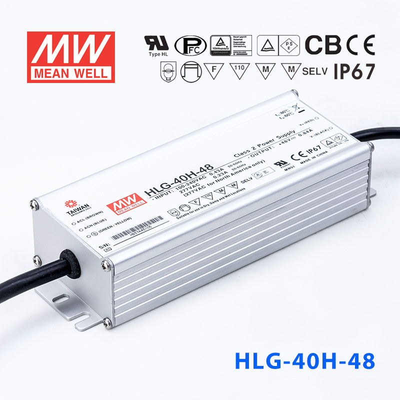 HLG-40H-48 HLG-40H-48 40W 48V 0.84A 强耐环境恒压+恒流PFC高效铝壳IP67防水LED电源(引线接线)