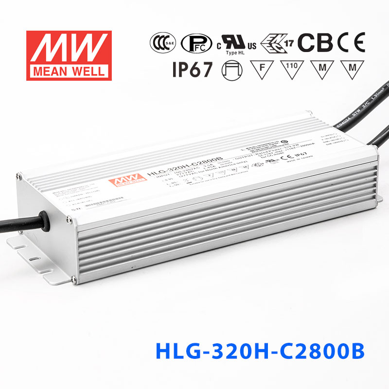 HLG-320H-C2800B HLG-320H-C2800B 320W 宽范围输入 57~114V 2800mA 强耐环境高压恒流输出PFC高效铝壳IP67防水LED电源