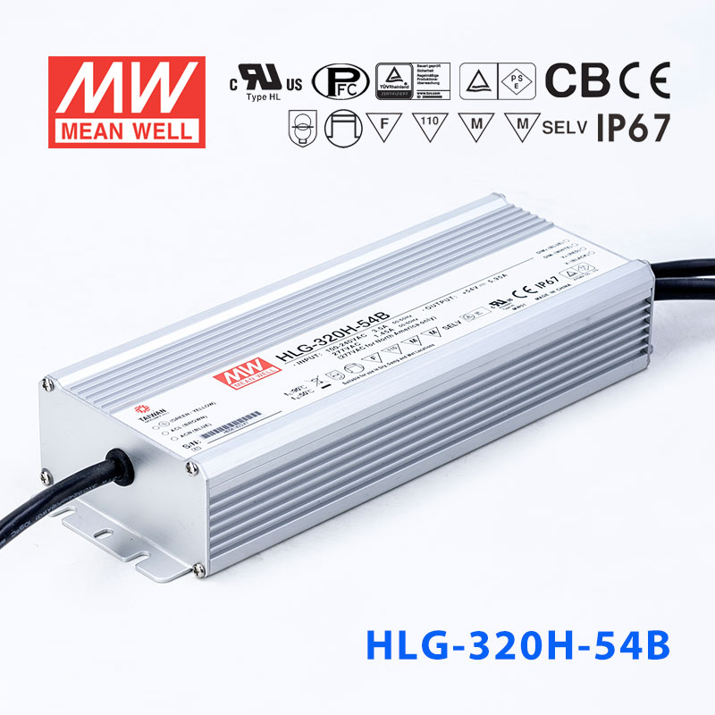 HLG-320H-54B HLG-320H-54B 320W 54V 5.95A 强耐环境恒压+恒流PFC高效铝壳IP67防水LED电源(控制线三合一调光)