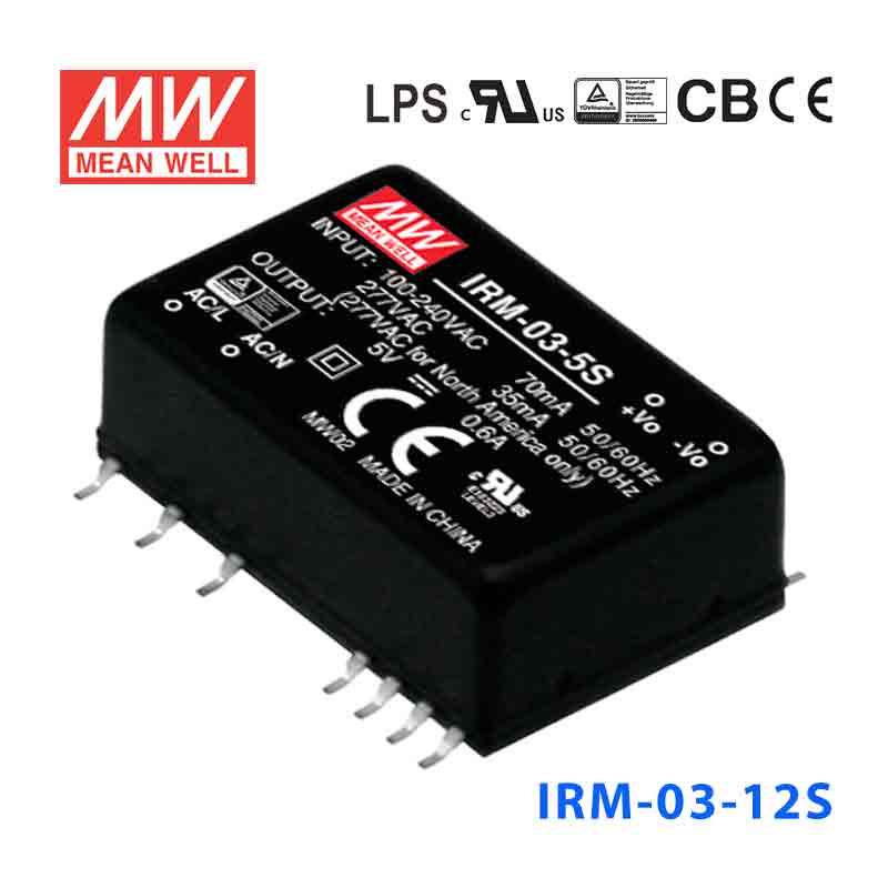 IRM-03-12S IRM-03-12S 3W 12V 250mA 单路输出高能效AC-DC模块型明纬开关电源-SMD贴片型