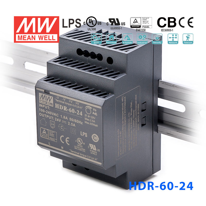 HDR-60-24 HDR-60-24 60W 24V 2.5A 单路输出明纬超薄型导轨安装电源