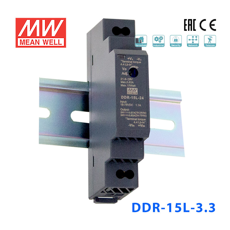 DDR-15L-3.3 DDR-15L-3.3台湾明纬15W 18~75V输入3.3V4.5A输出导轨型DC-DC电源