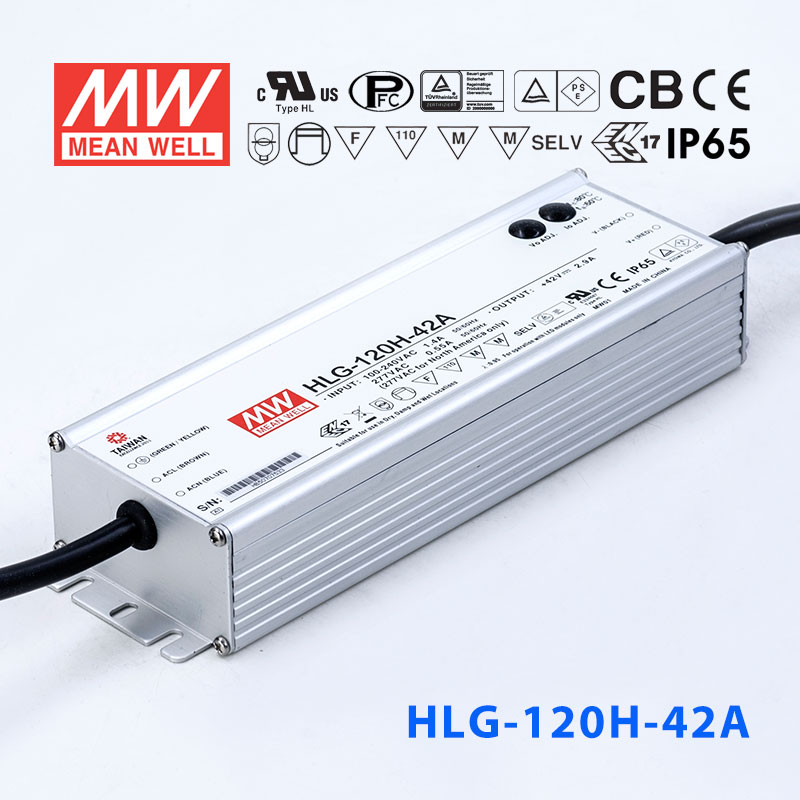 HLG-120H-42A HLG-120H-42A 120W 42V 2.9A 强耐环境恒压+恒流PFC高效铝壳IP65防水LED电源(恒压恒流值可面板设定)