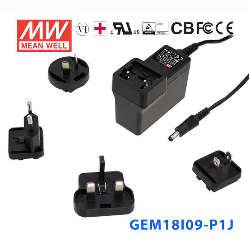GEM18I09-P1J GEM18I09-P1J 18W9V2A输出明纬高能效可换插头医疗电源适配器