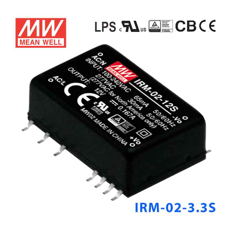 IRM-02-3.3S IRM-02-3.3S 2W 3.3V 600mA 单路输出高能效AC-DC模块型明纬开关电源-SMD贴片型