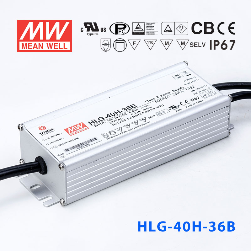 HLG-40H-36B HLG-40H-36B 40W 36V 1.12A 强耐环境恒压+恒流PFC高效铝壳IP67防水LED电源(控制线三合一调光)