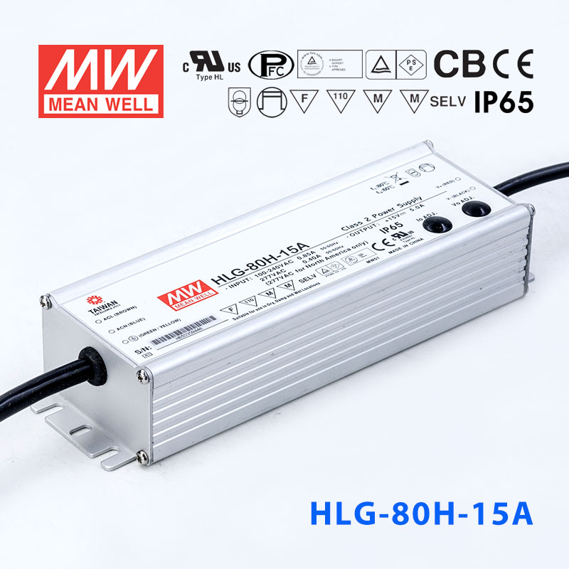 HLG-80H-15A HLG-80H-15A 75W 15V 5A 强耐环境恒压+恒流PFC高效铝壳IP65防水LED电源(恒压恒流值可面板设定)