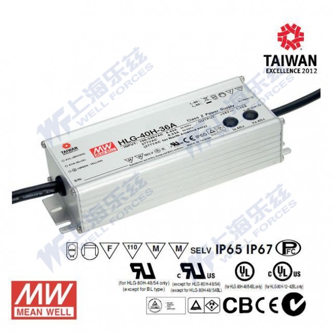 HLG-40H-20B HLG-40H-20B 40W 20V 2A 强耐环境恒压+恒流PFC高效铝壳IP67防水LED电源(控制线三合一调光)