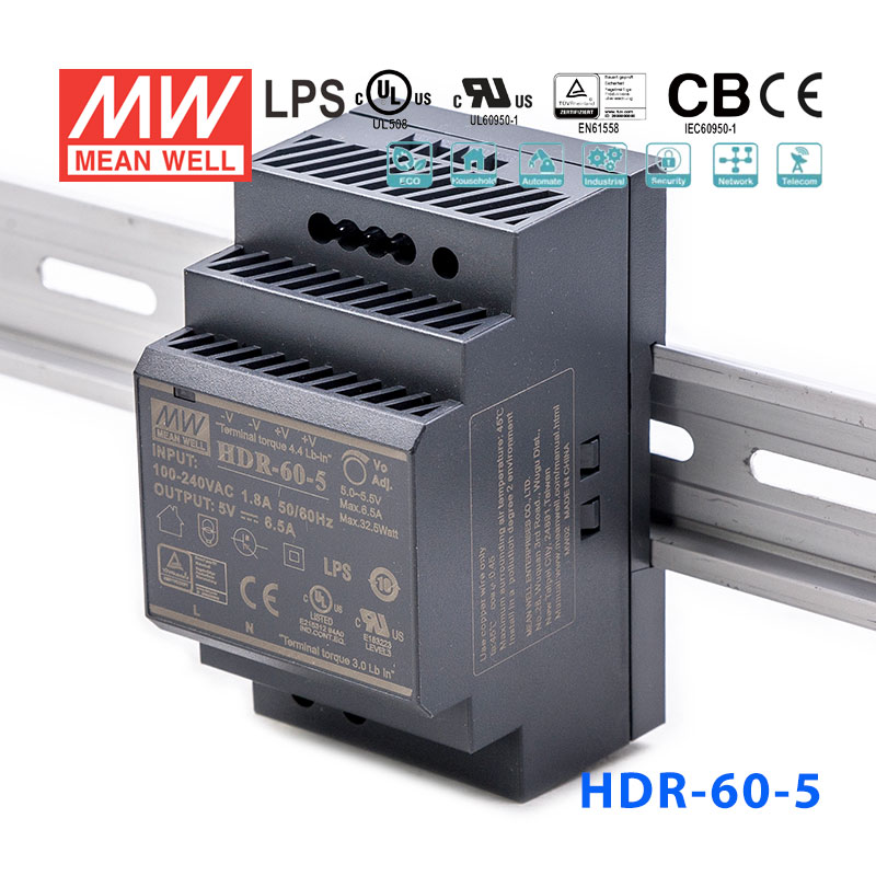 HDR-60-5 HDR-60-5 32.5W 5V 6.5A 单路输出明纬超薄型导轨安装电源